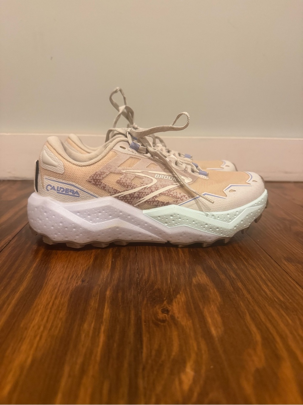 Brooks Caldera Trail Shoe in Beige with Light Blue Accents